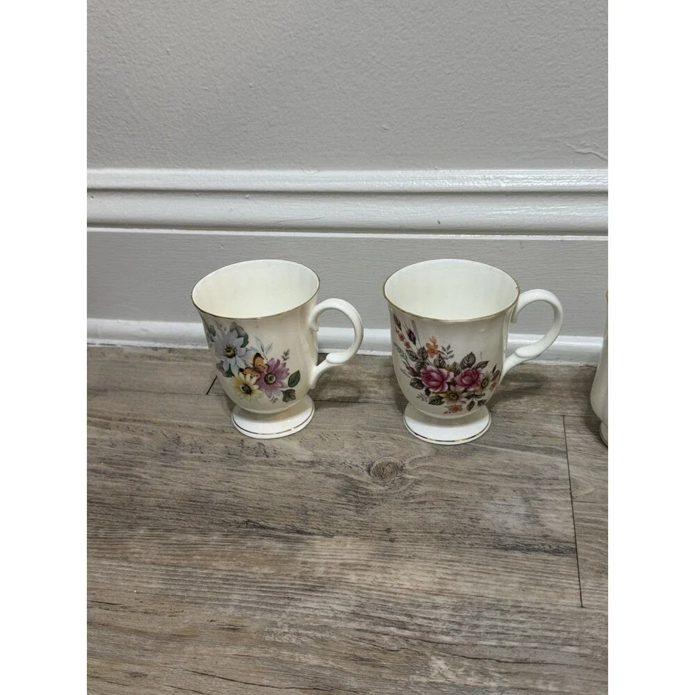 Vintage Set Of 4- Kings Court Coffee Cup Flower Mugs- India Fine Bone China